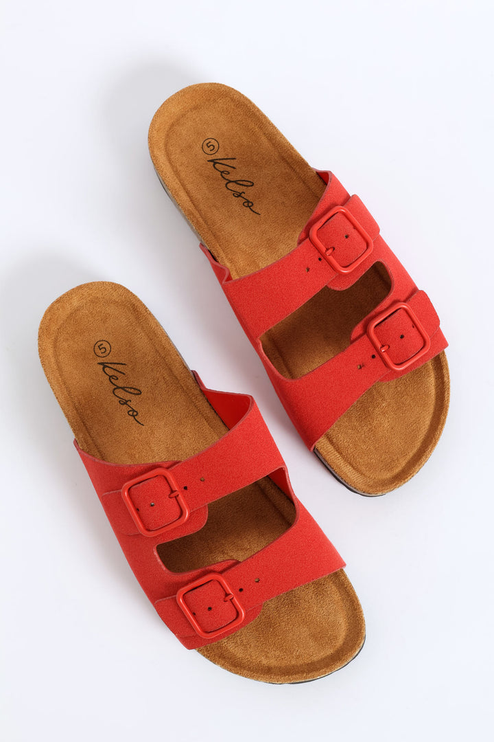 Double Band Slide Sandal With Monotone Buckles - Red