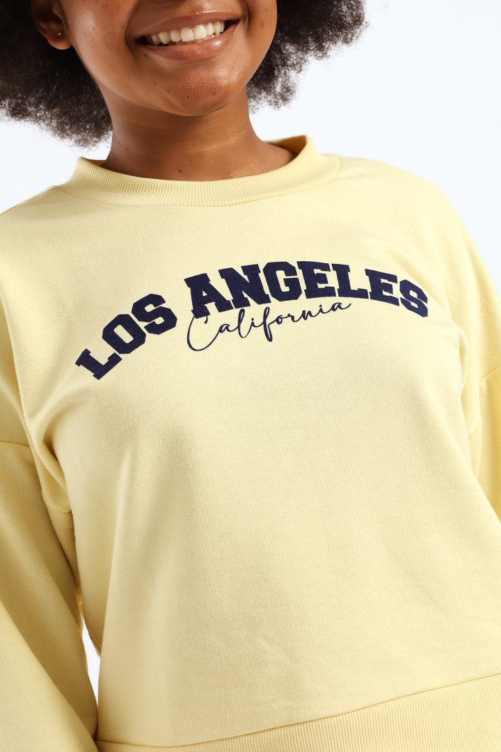 Girls Slogan Crew Pull Over - Yellow