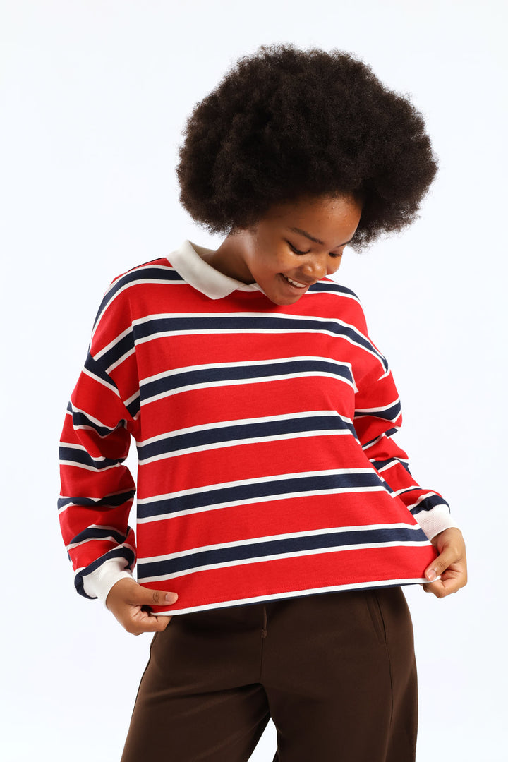 Girls Stripe Fleece Rugby Jersey Pullover - Red