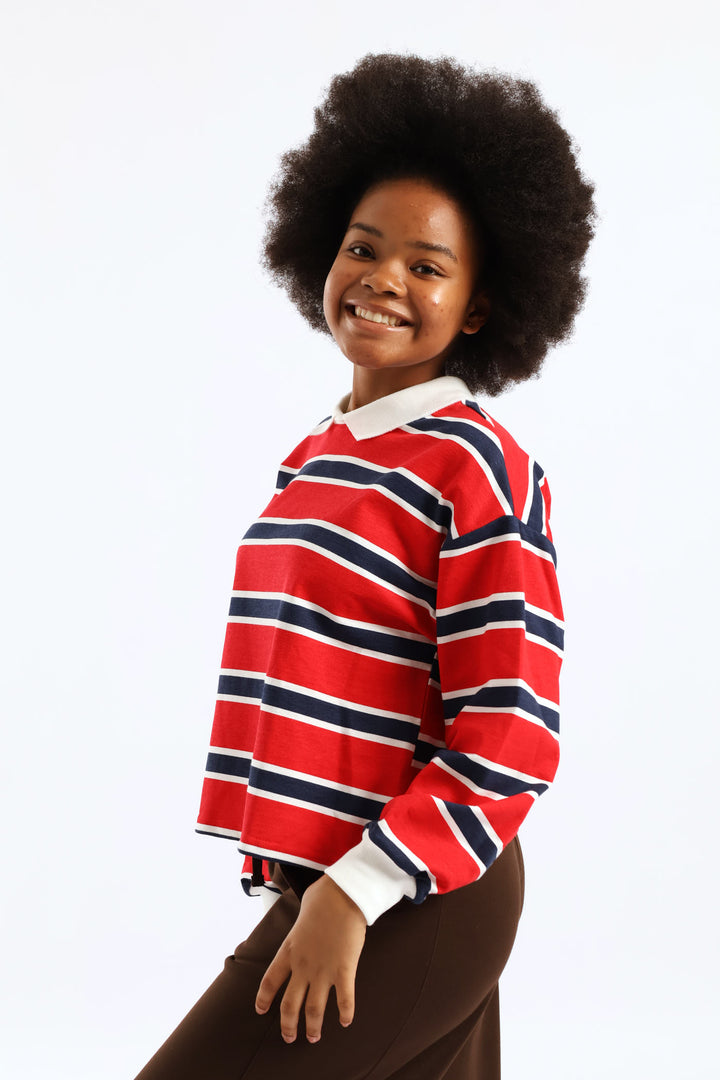 Girls Stripe Fleece Rugby Jersey Pullover - Red