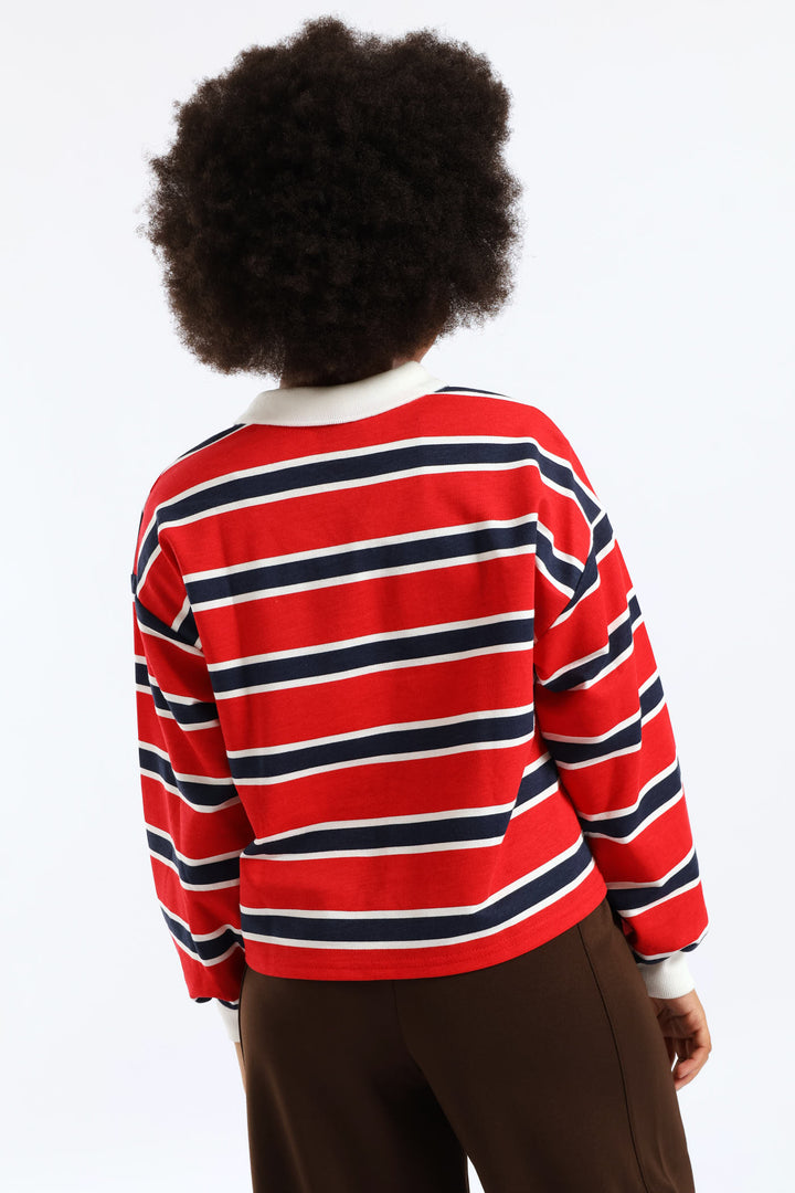 Girls Stripe Fleece Rugby Jersey Pullover - Red