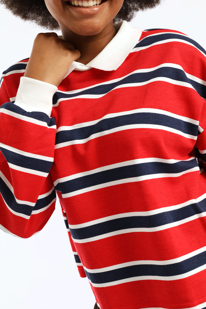Girls Stripe Fleece Rugby Jersey Pullover - Red