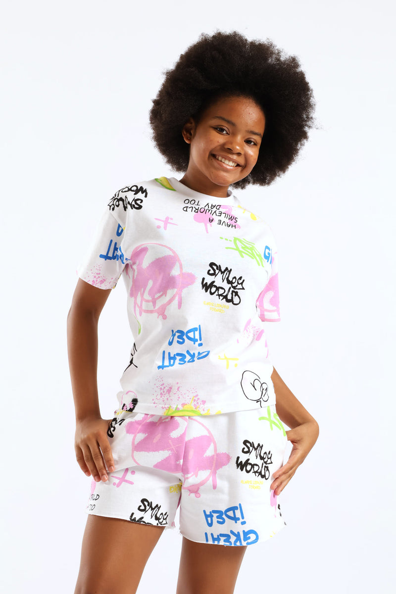 Girls Grafitti Oversized Tee - White