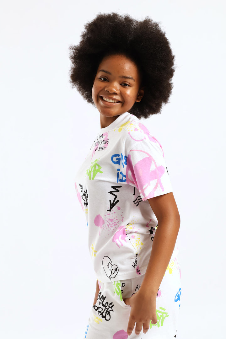 Girls Grafitti Oversized Tee - White