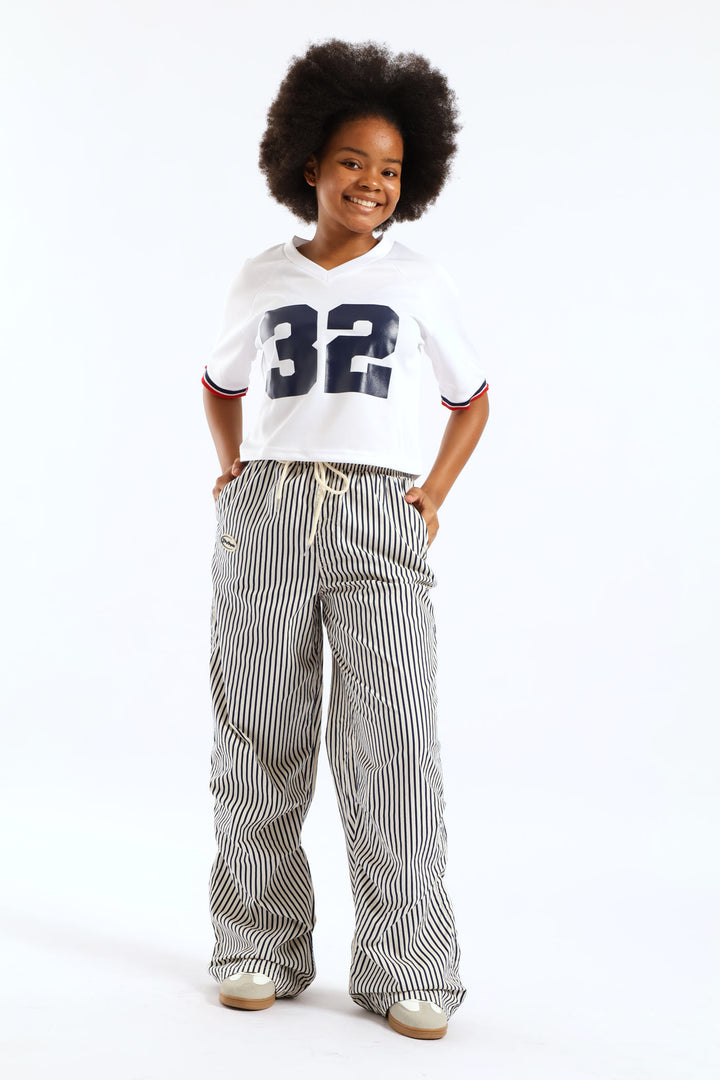 Girls Pinstripe Badge Baggy Pant - Cream