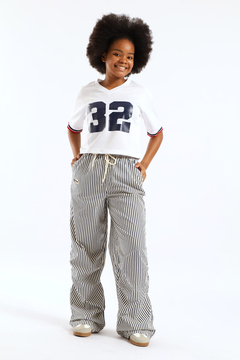 Girls Pinstripe Badge Baggy Pant - Cream