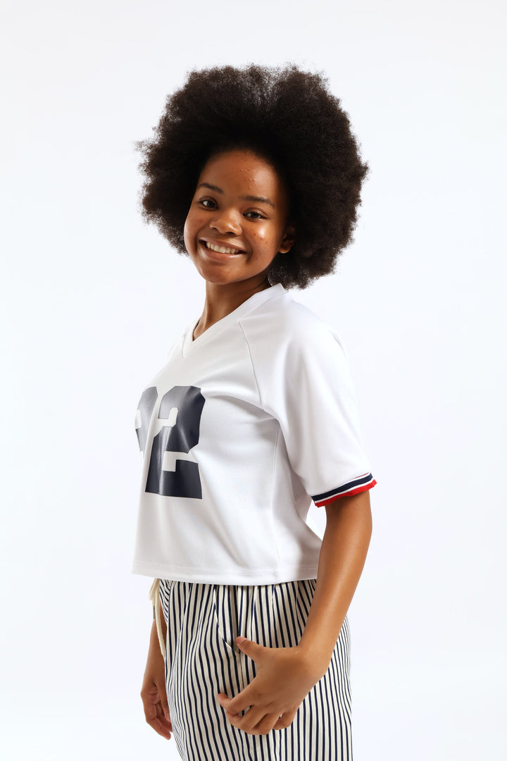 Girls Boxy 32 Sleeve Tape Sport Tee - White