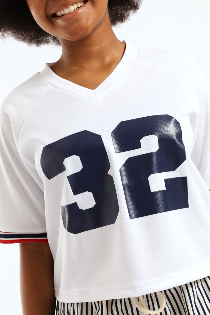 Girls Boxy 32 Sleeve Tape Sport Tee - White