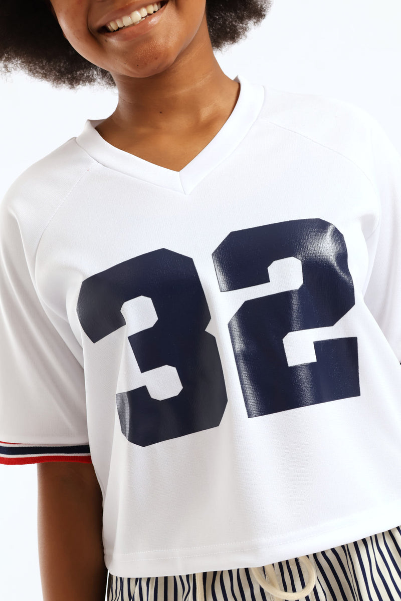 Girls Boxy 32 Sleeve Tape Sport Tee - White