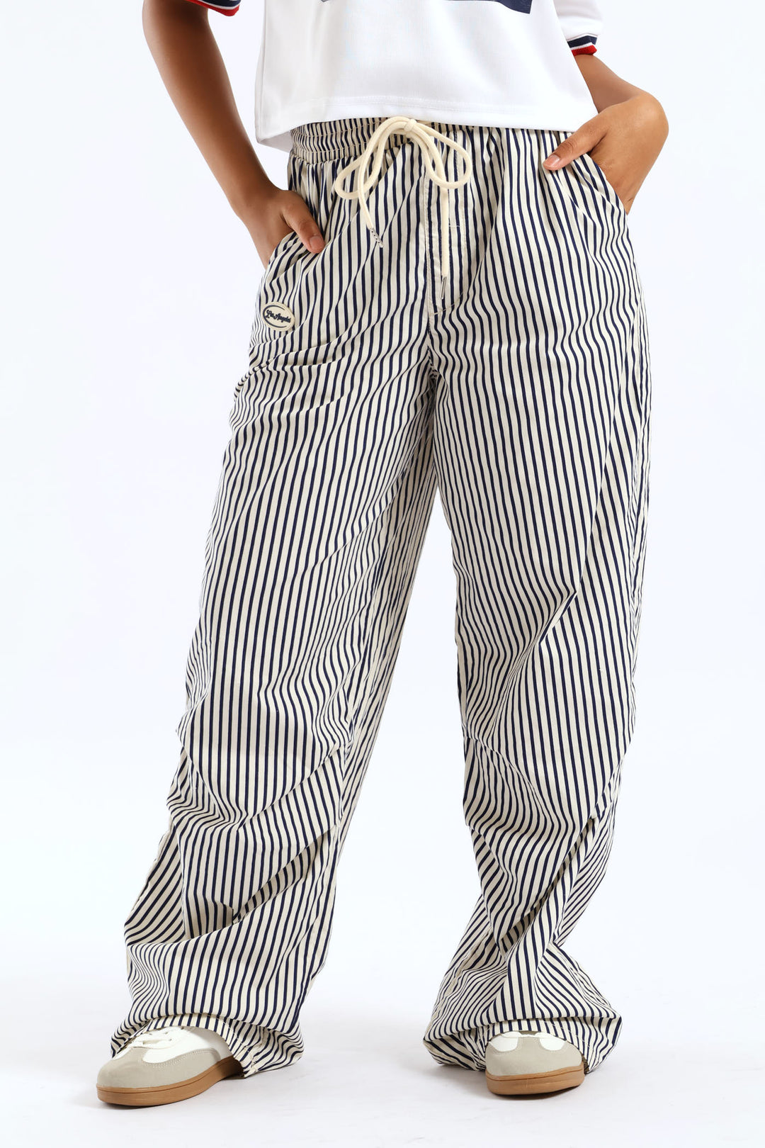 Girls Pinstripe Badge Baggy Pant - Cream