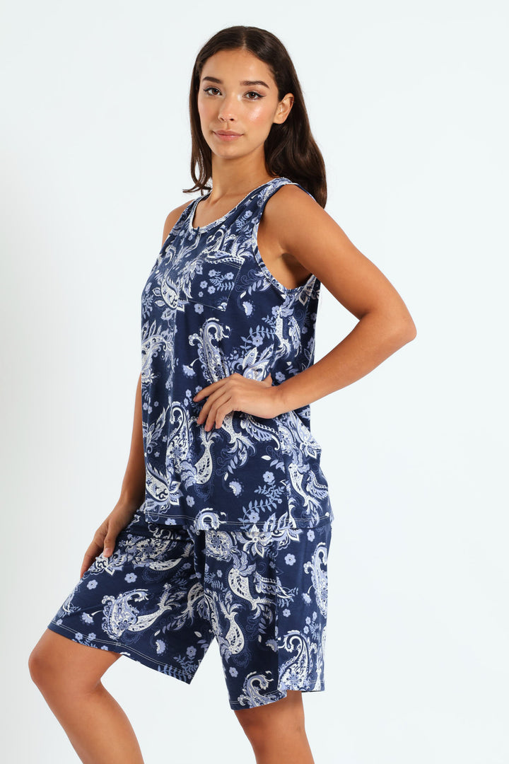 Paisley Top & Short Set - Navy
