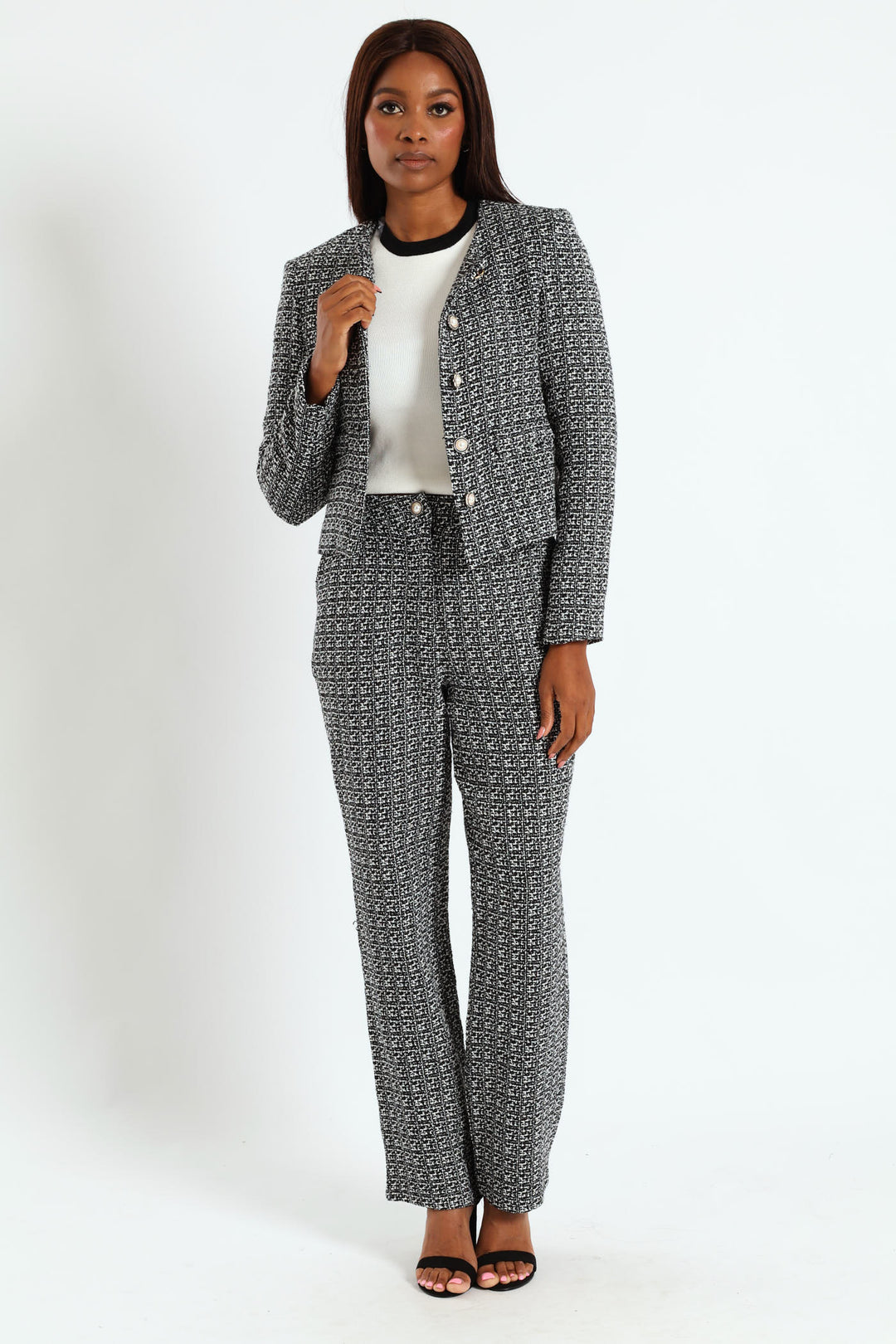 Collarless Tweed Blazer - Cream/Black