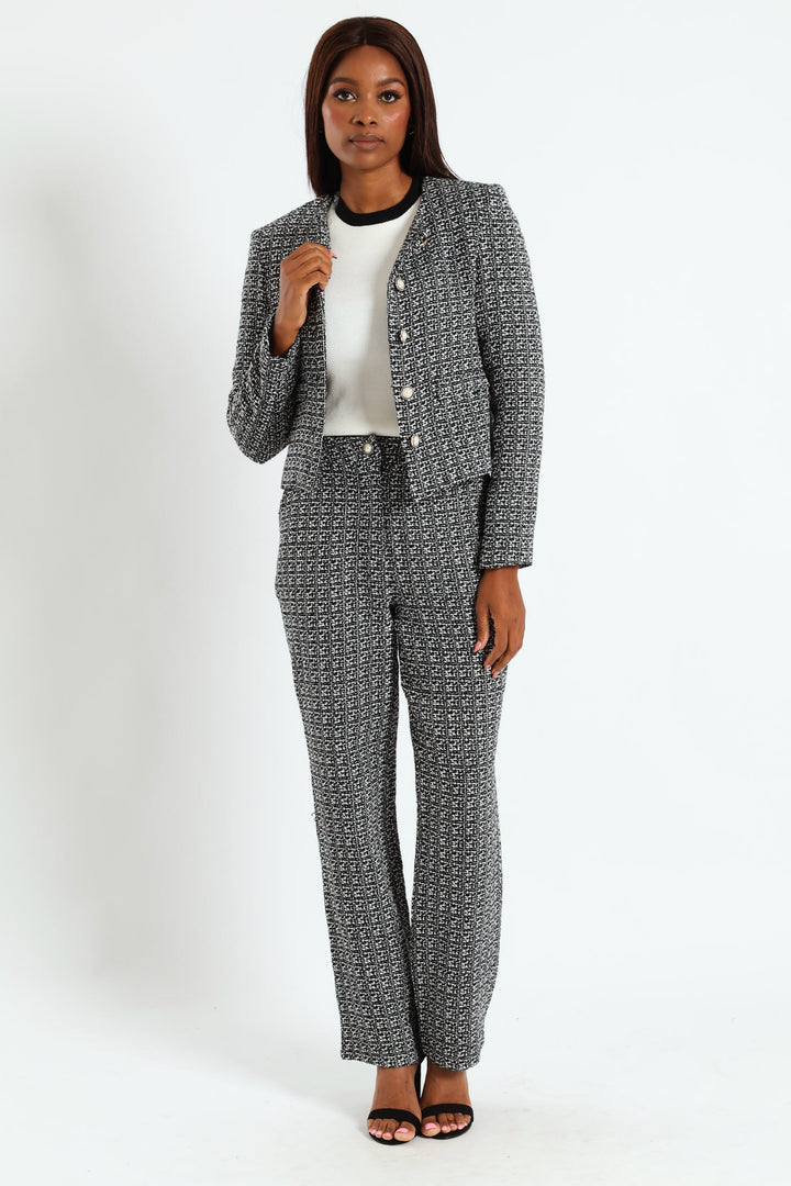 Collarless Tweed Blazer - Cream/Black