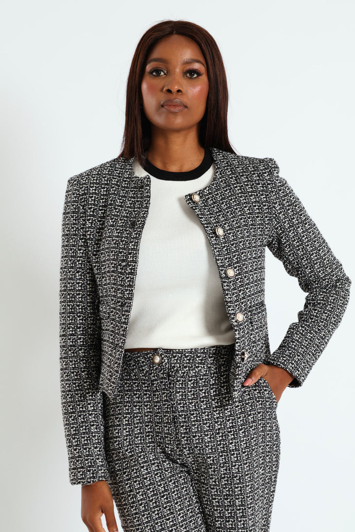 Collarless Tweed Blazer - Cream/Black