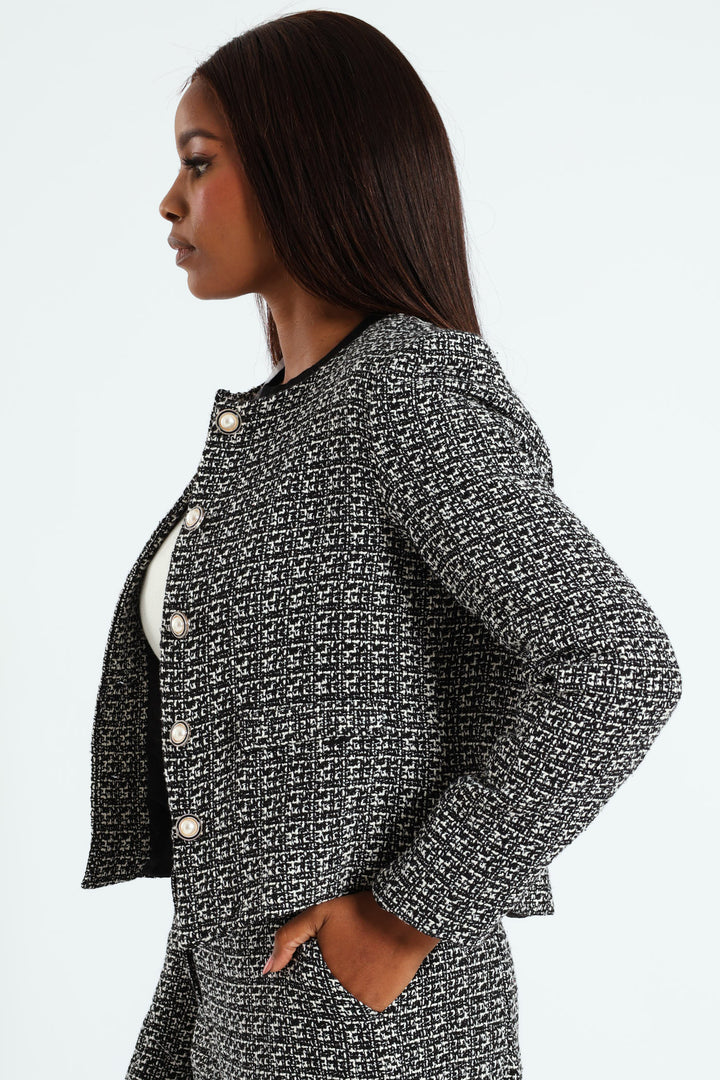 Collarless Tweed Blazer - Cream/Black