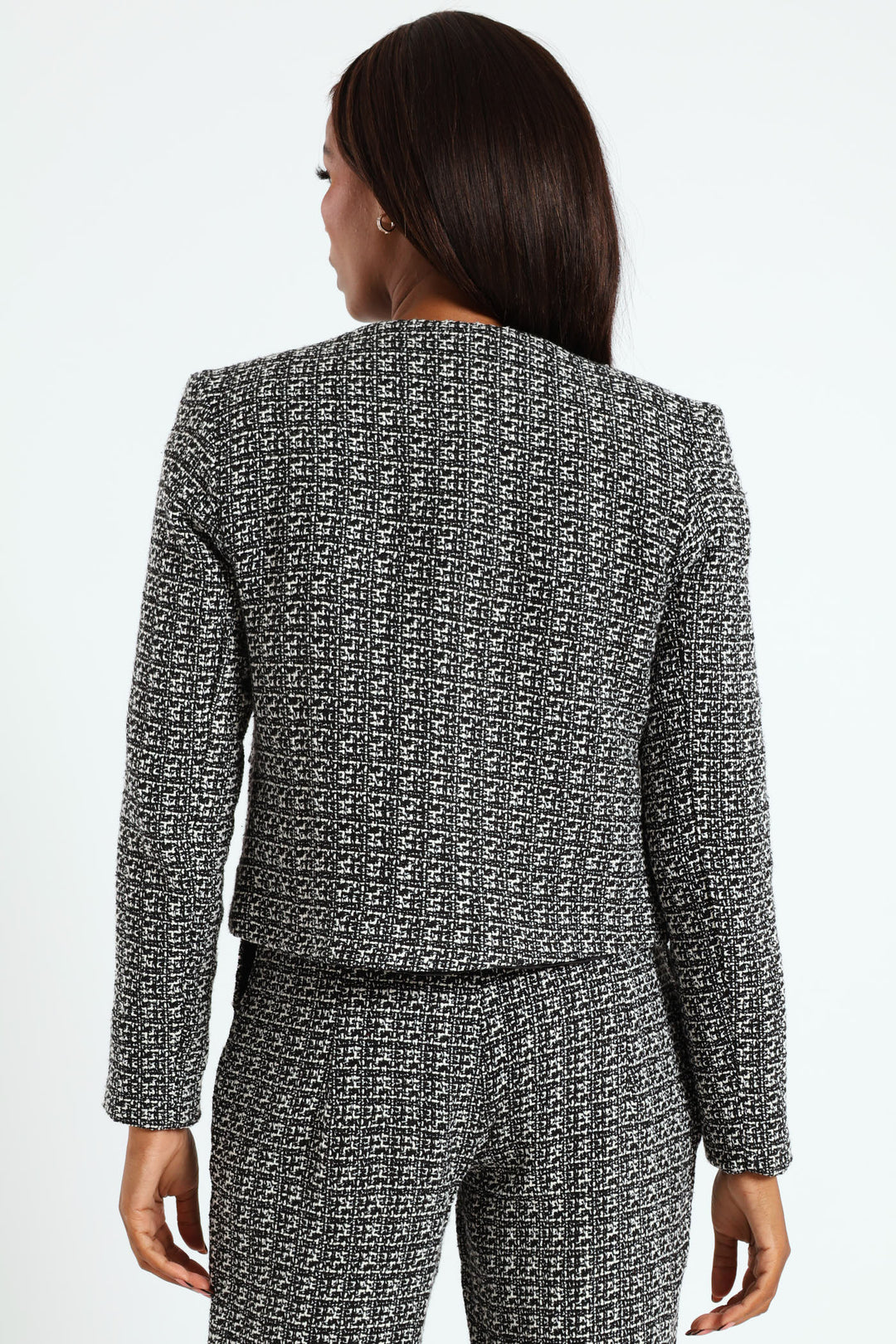 Collarless Tweed Blazer - Cream/Black
