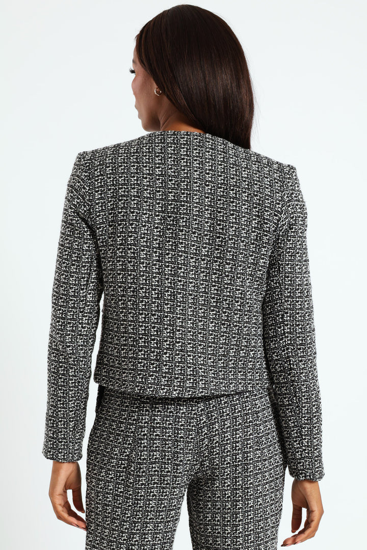 Collarless Tweed Blazer - Cream/Black