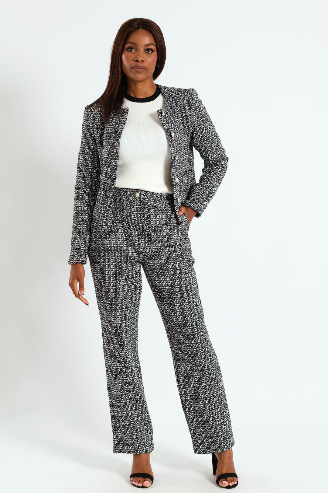 Tweed Straight Leg Pant  - Cream/Black