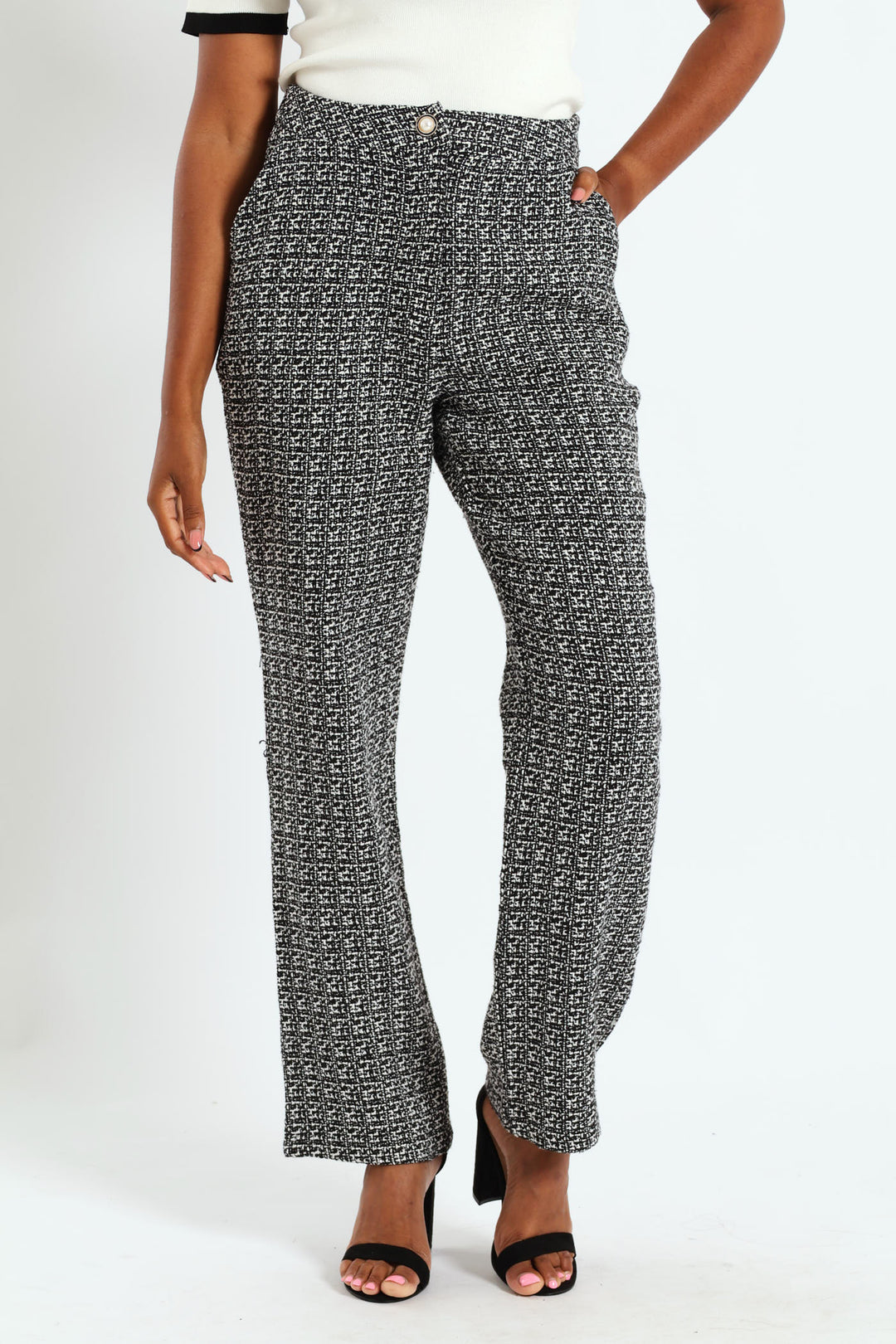 Tweed Straight Leg Pant  - Cream/Black