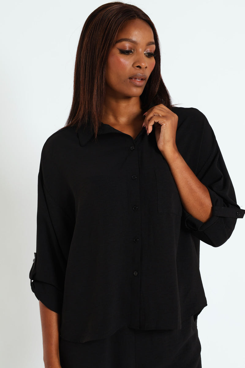 Tab & Button Detail Long Sleeve Relaxed Shirt - Black