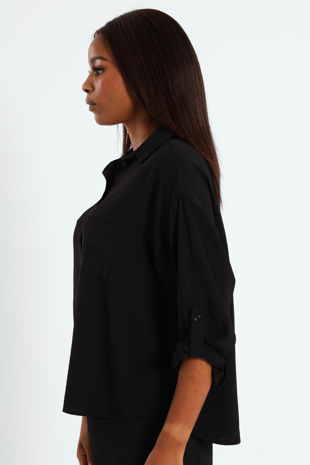 Tab & Button Detail Long Sleeve Relaxed Shirt - Black