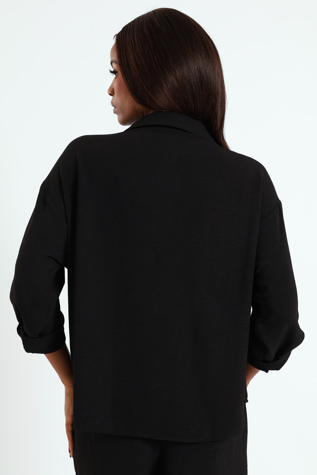 Tab & Button Detail Long Sleeve Relaxed Shirt - Black