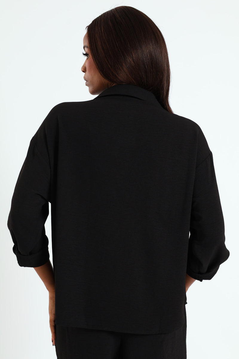 Tab & Button Detail Long Sleeve Relaxed Shirt - Black