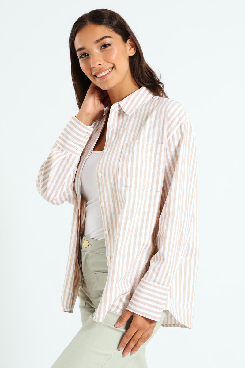 Striped Button Thru Shirt - Stone