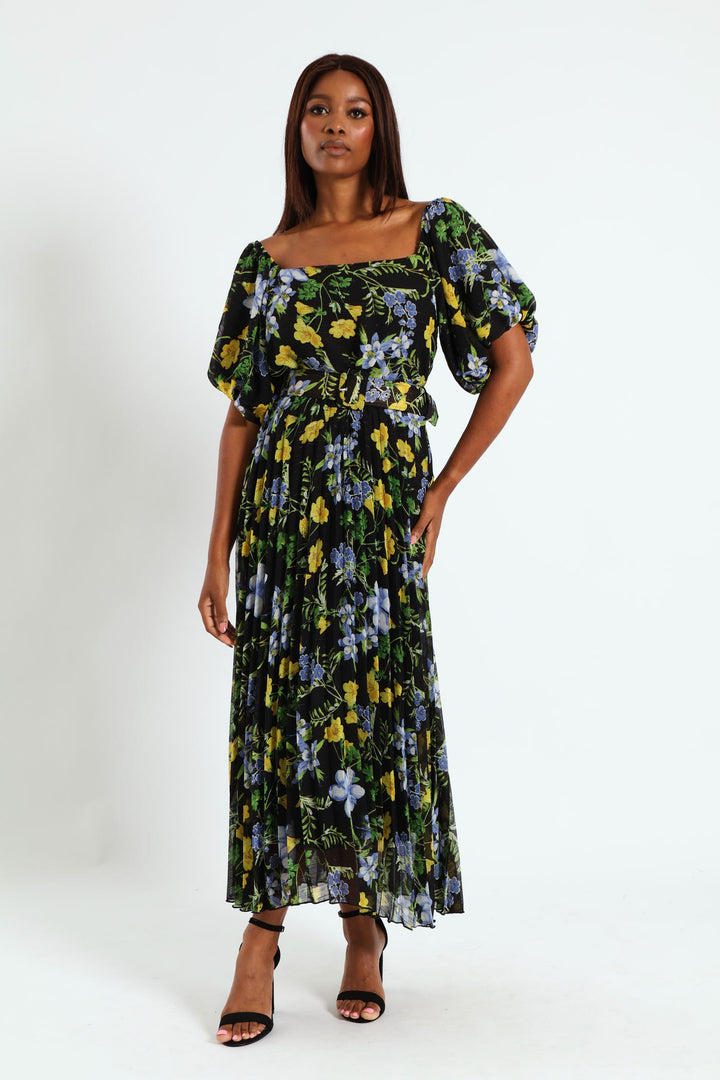 Square Neck Puff Sleeve Pleated Maxi Dress - Black