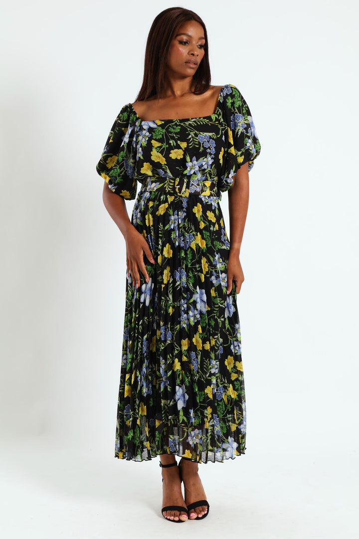 Square Neck Puff Sleeve Pleated Maxi Dress - Black