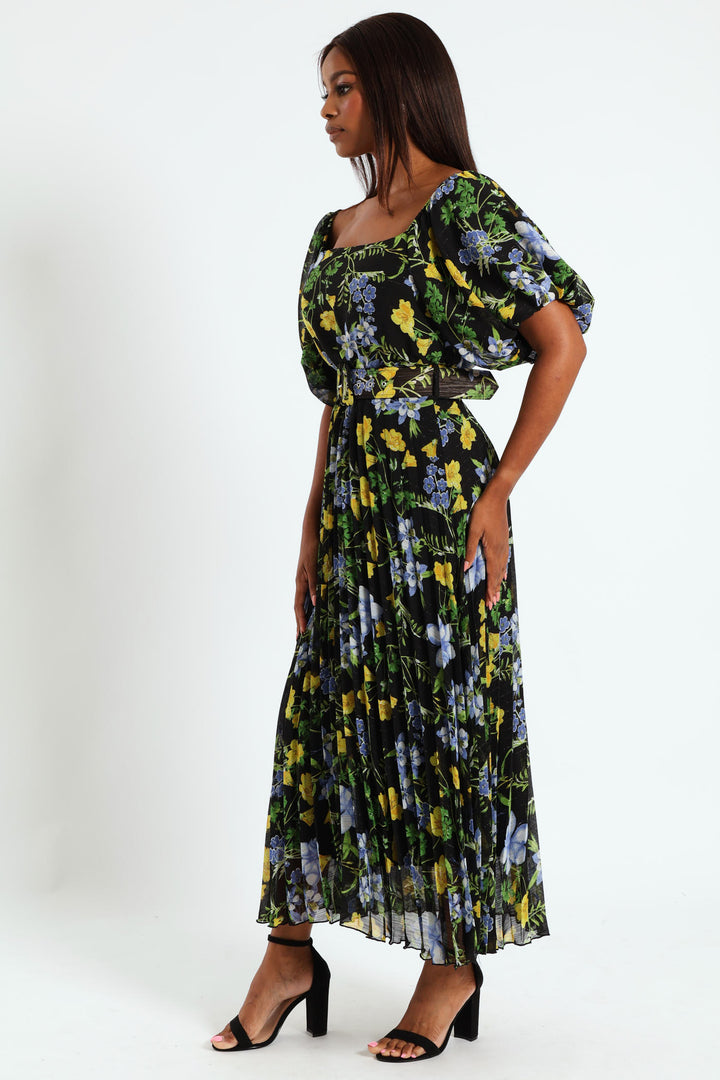 Square Neck Puff Sleeve Pleated Maxi Dress - Black