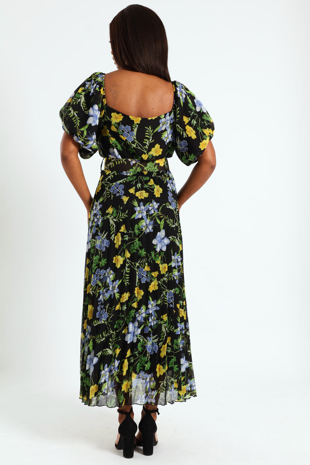 Square Neck Puff Sleeve Pleated Maxi Dress - Black