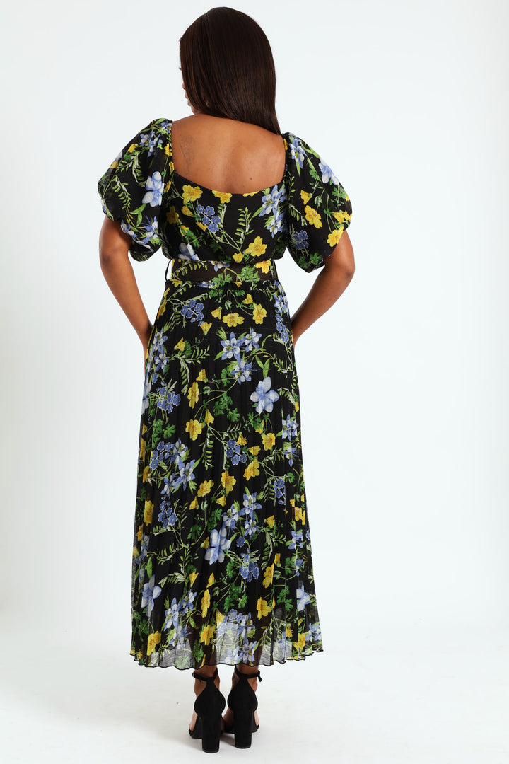 Square Neck Puff Sleeve Pleated Maxi Dress - Black