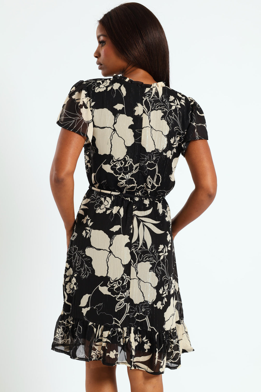 Tie Up Frill Neck Tea Dress - Black/Cream
