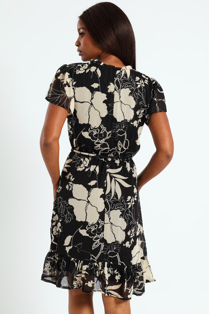 Tie Up Frill Neck Tea Dress - Black/Cream