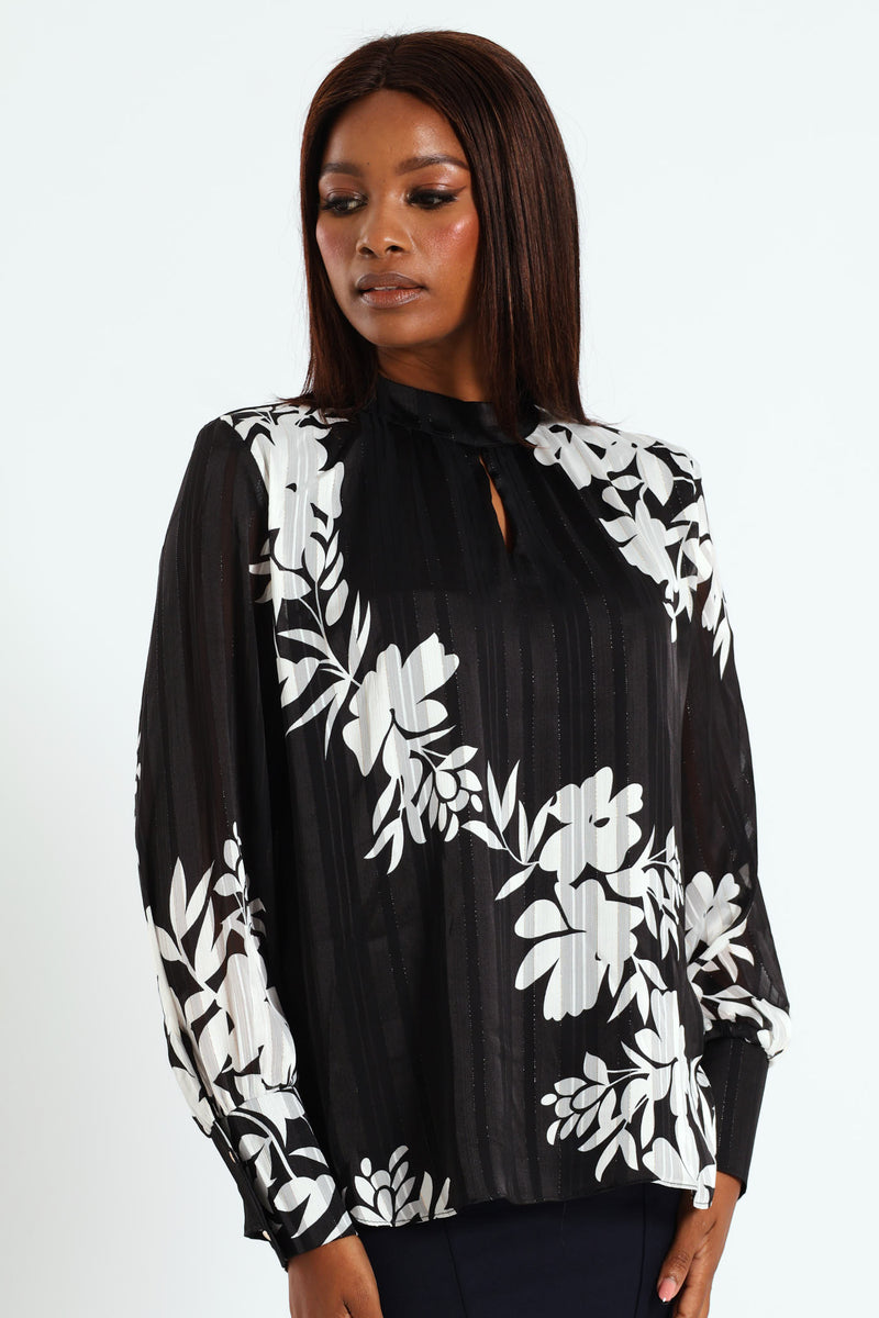 Ladies Hi Neck Keyhole Monochrome Floral Blouse - Black/White – Edgars