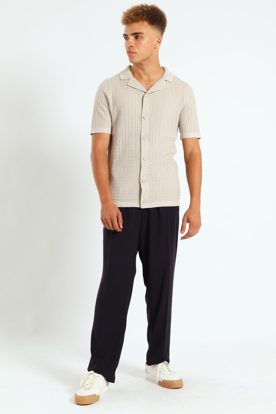Block Fine Guage Knit Shirt - Off White