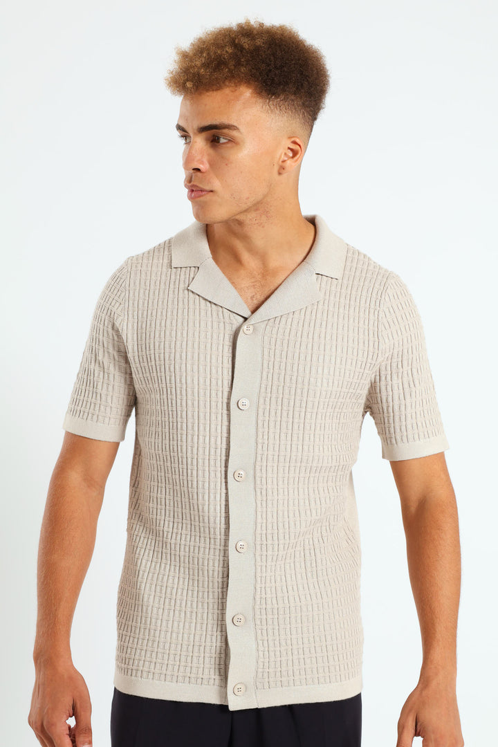 Block Fine Guage Knit Shirt - Off White