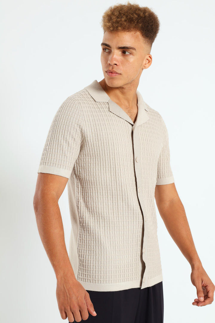 Block Fine Guage Knit Shirt - Off White