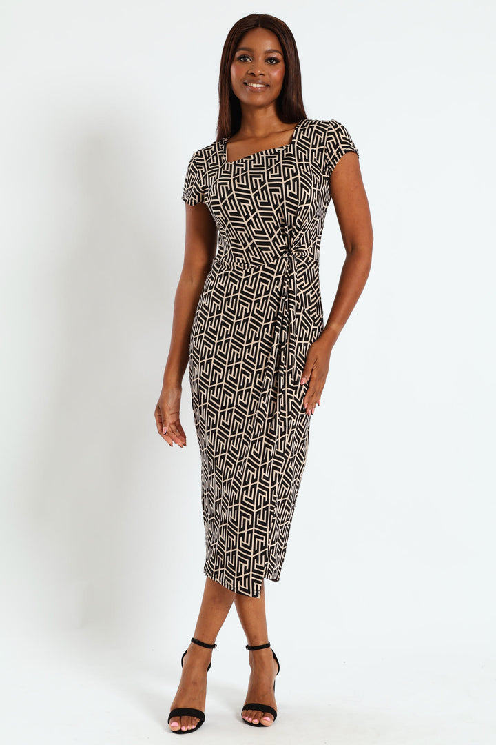 Knot Detail Slinky Midi Dress - Black/Beige