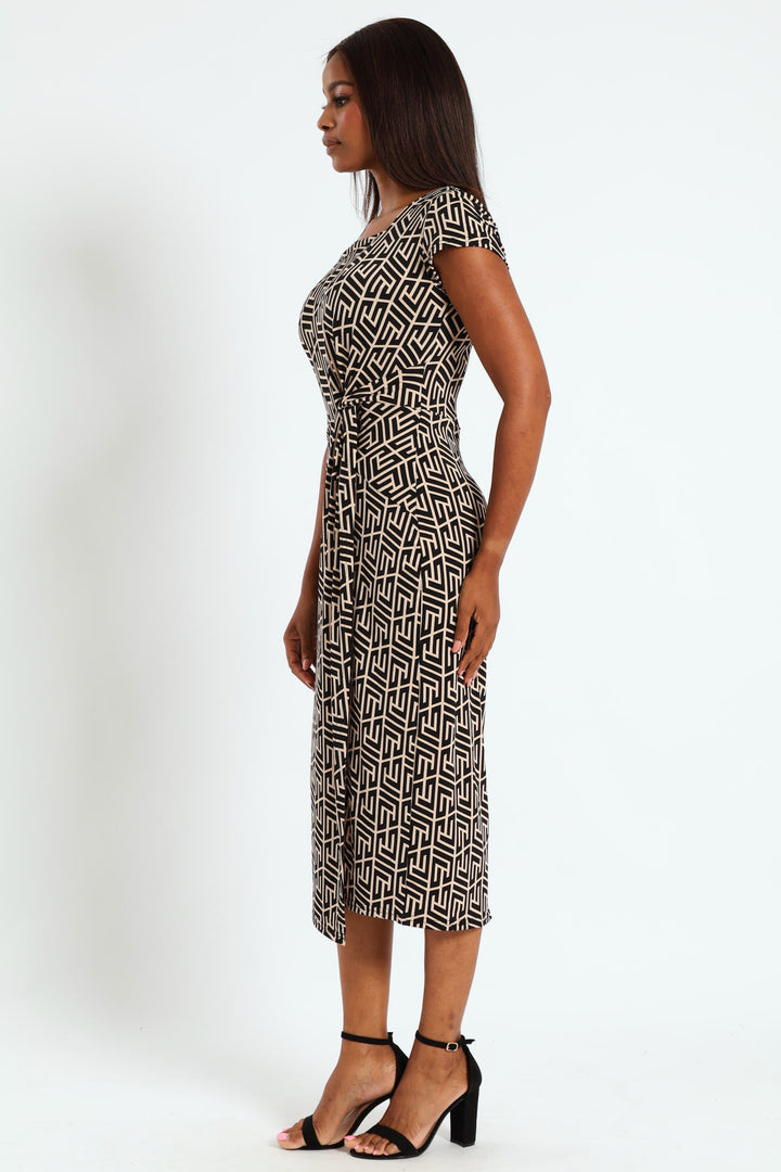 Knot Detail Slinky Midi Dress - Black/Beige