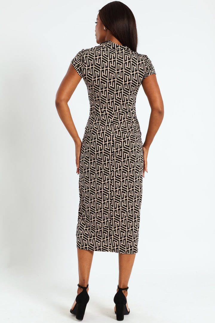 Knot Detail Slinky Midi Dress - Black/Beige