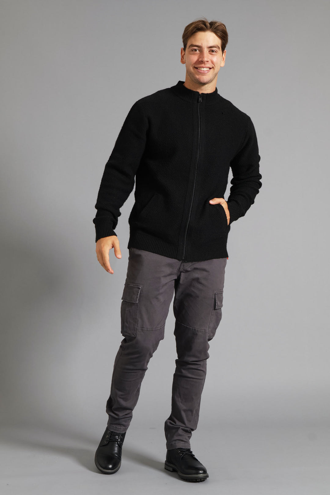 Structual Knit Zip Through Knitwear - Black