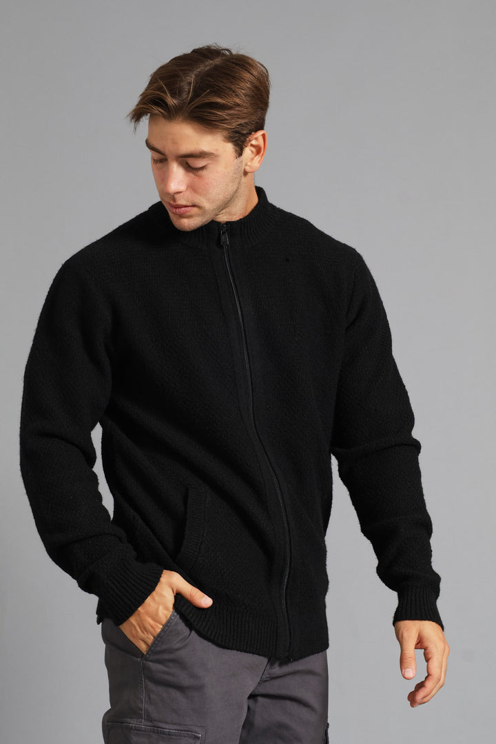 Structual Knit Zip Through Knitwear - Black