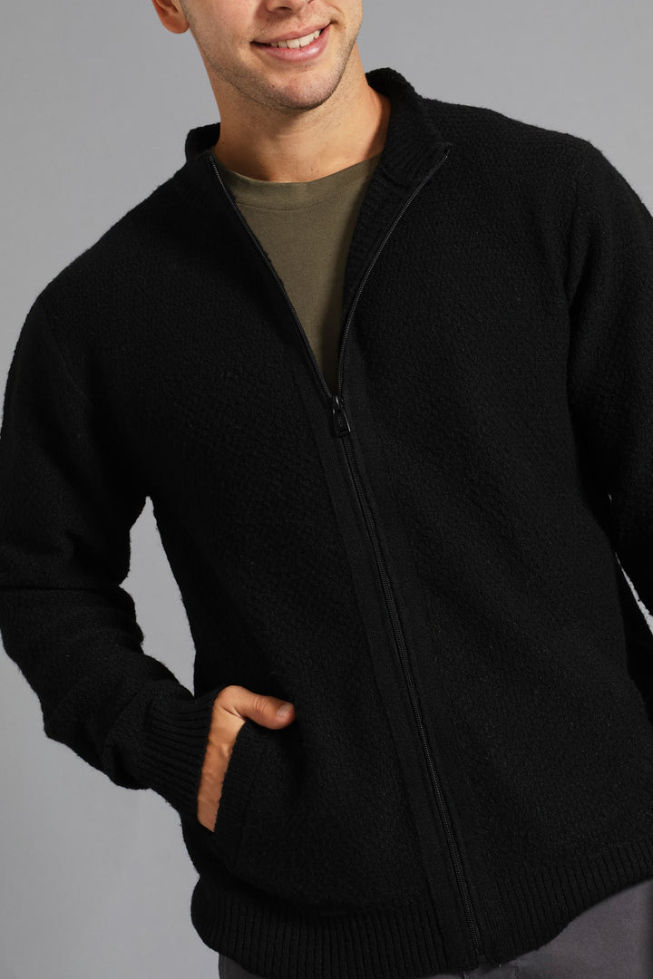 Structual Knit Zip Through Knitwear - Black