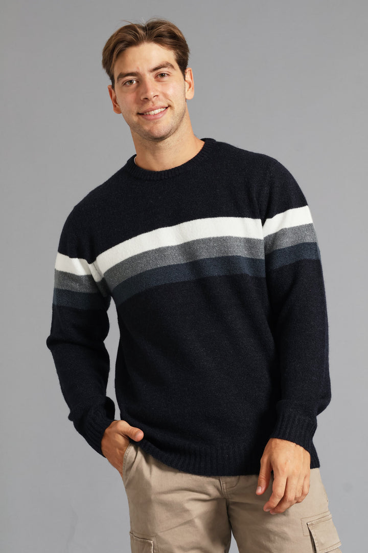 Chest Stripe Crew Knitwear - Navy
