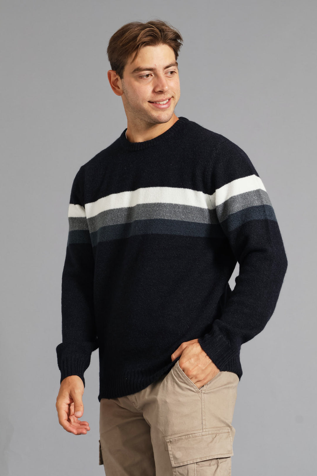 Chest Stripe Crew Knitwear - Navy