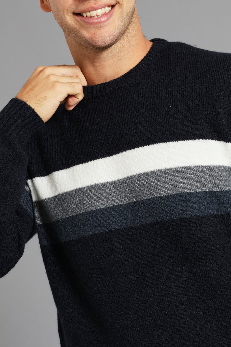 Chest Stripe Crew Knitwear - Navy