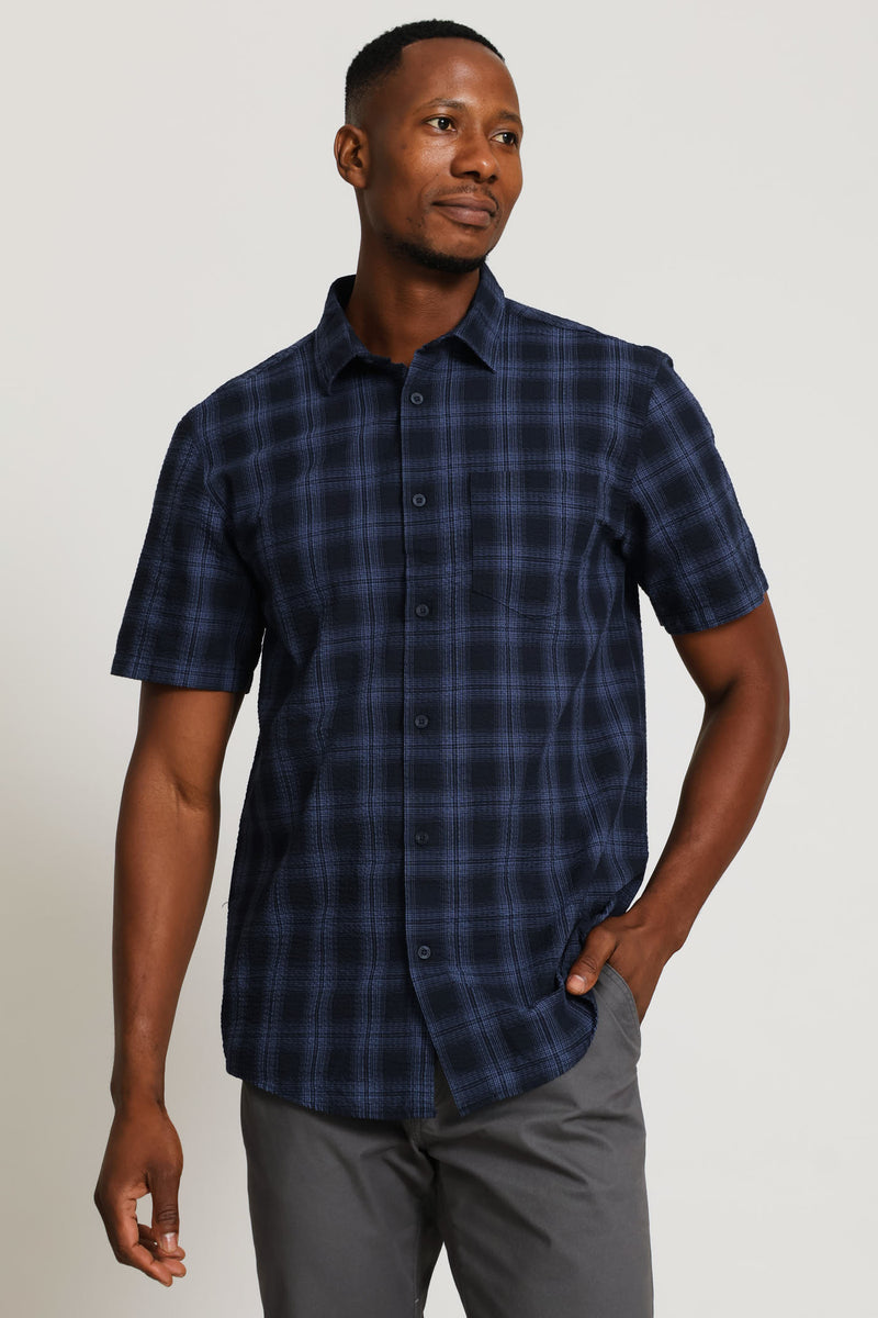 Seersucker Regular Check Shirt - Navy