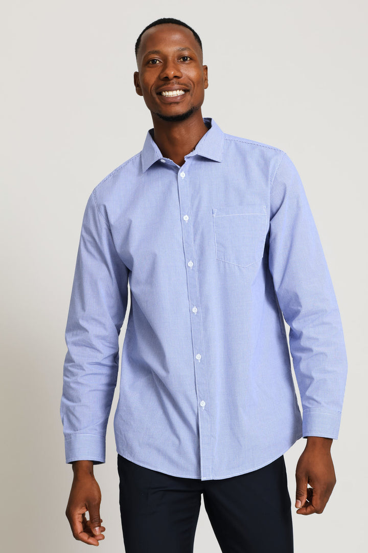 Regular Long Sleeve Mini Check Textured Shirt - Mid Blue